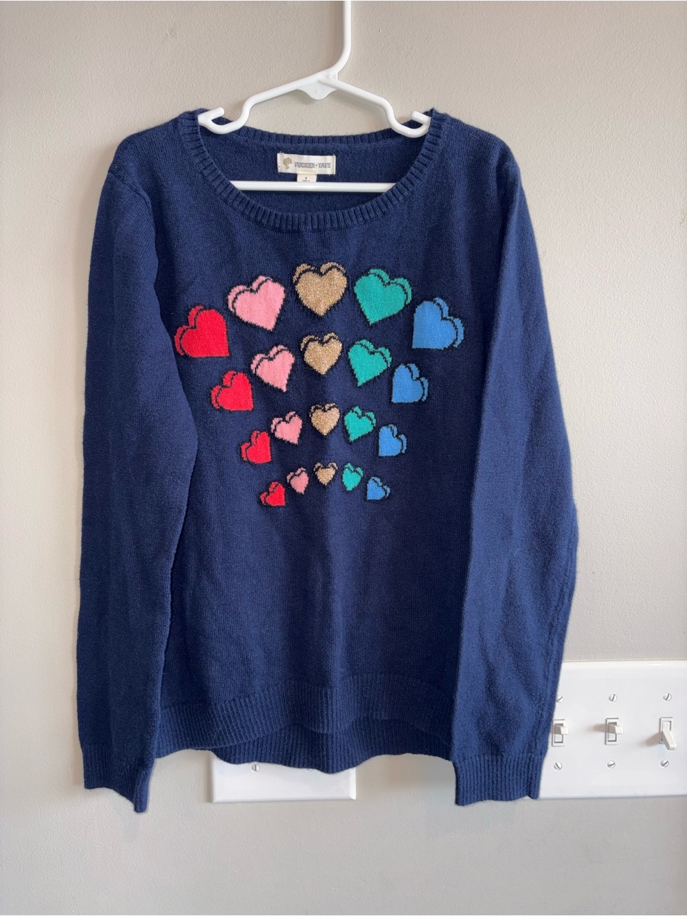 Tucker + Tate Navy Cashmere Blend Crewneck Sweater with Multicolor Hearts size 8
